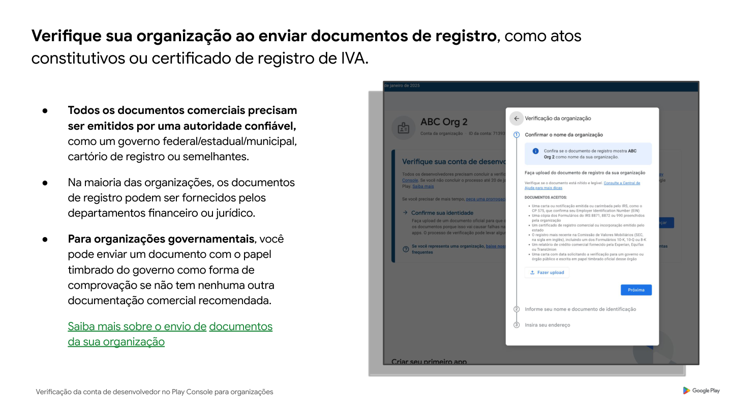 Exemplo de tela para confirmar a organização