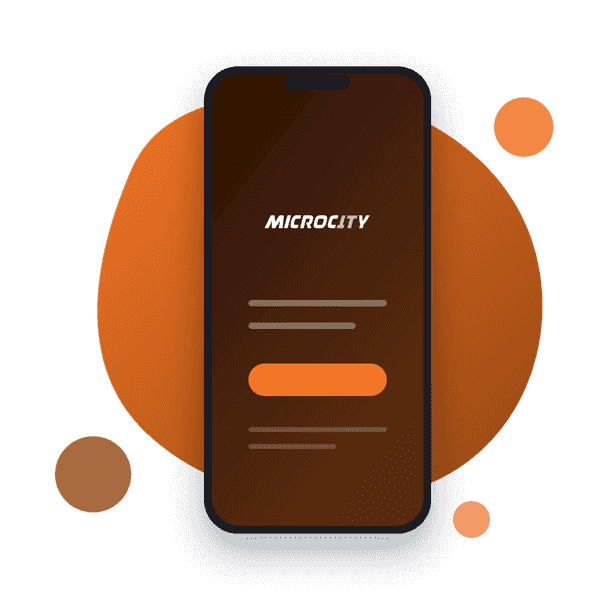 Phone showing the Microcity brand on the app screen