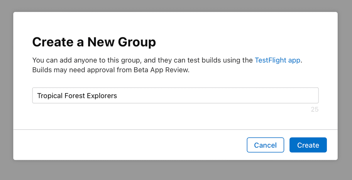 Tela oficial da Apple mostrando a criação de um grupo externo no TestFlight