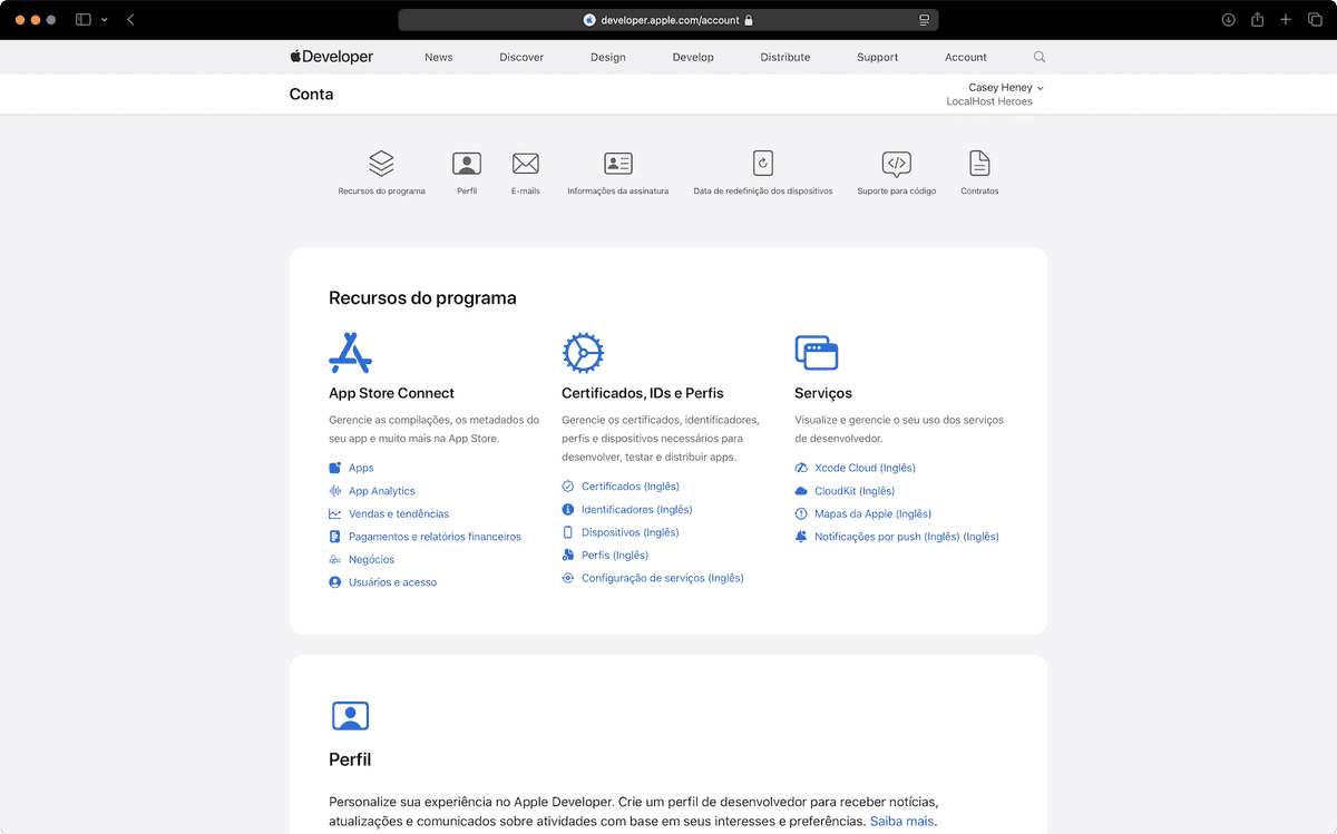 Página “Conta” no Apple Developer